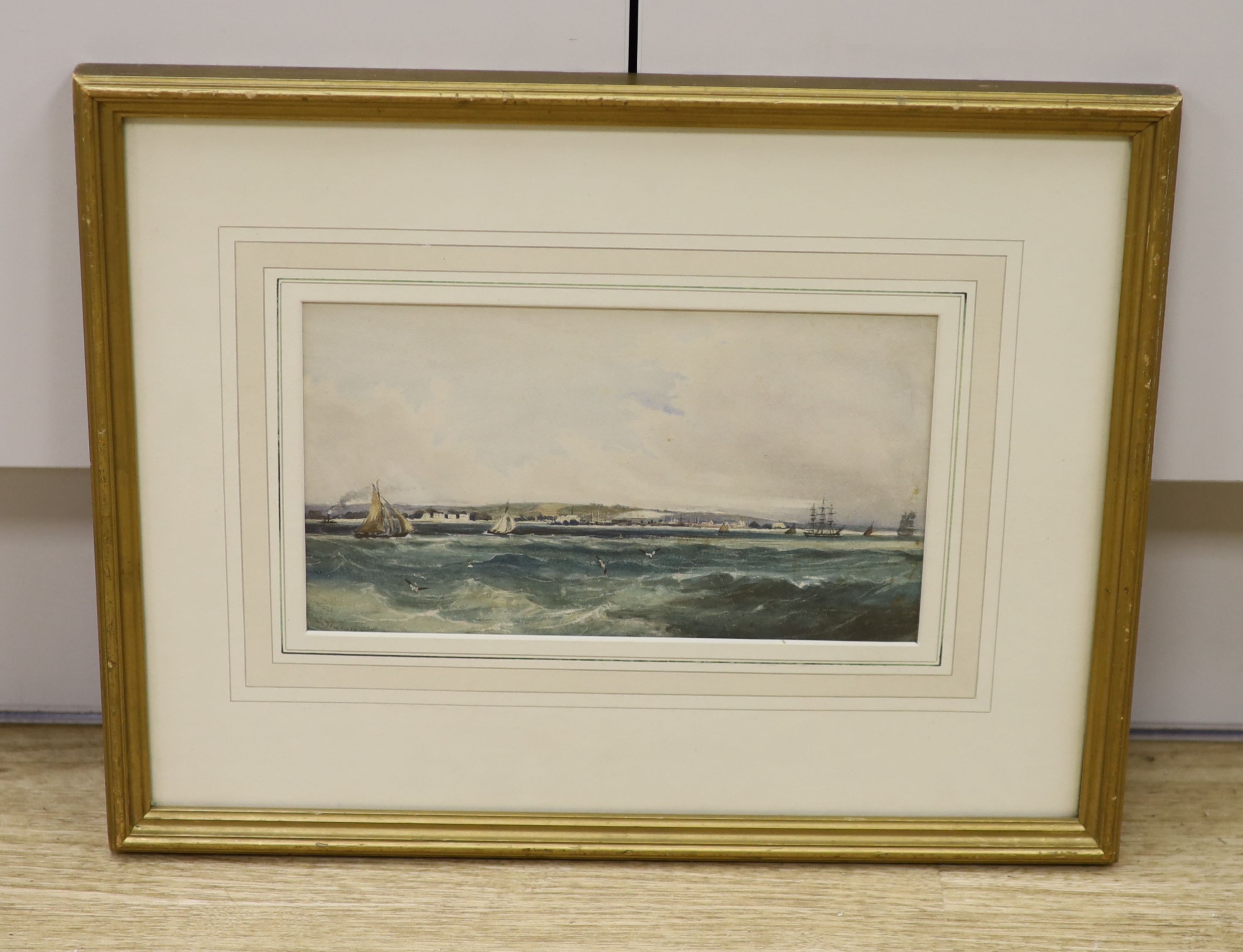 William Clarkson Stanfield RA (1793-1867), watercolour, Shipping off the coast, signed, Agnews label verso, 14 x 24cm.